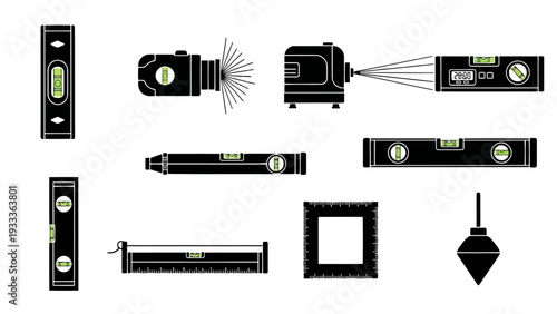 Minimalist Black Vector Icons of Leveling and Measuring Tools EPS10 Stock.eps