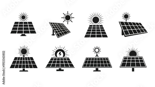 Monochromatic solar panel icons with sun for sustainable energy solutions EPS10 Stock.eps