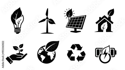 Monochrome Flat Design Eco Icons for Renewable Energy and Sustainability EPS10 Stock.eps