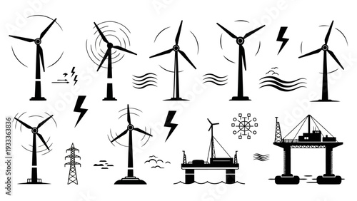 Monochrome Vector Icons Wind Power Offshore Energy and Electricity Symbols EPS10 Stock.eps
