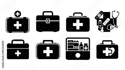 Simple black and white vector icons of medical first aid kits and healthcare supplies EPS10 Stock.eps