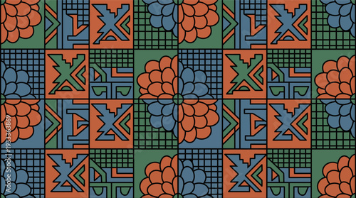 Intricate seamless geometric pattern featuring stylized central flowers surrounded by interlocking lines and indigenous style tribal motifs in muted earthy tones