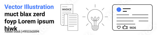 Business tools, innovation, creativity, digital content, social networking, online marketing. Set of icons including an invoice document, a light bulb and a social media post. Business tools