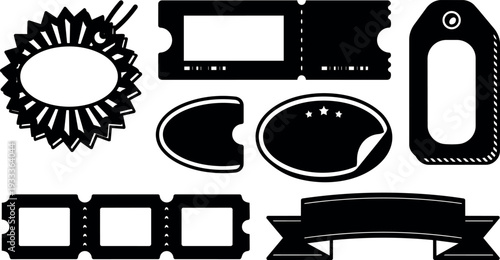 Flat design close up vintage ticket label tag sticker and ribbon silhouettes arranged on white background top view vector art