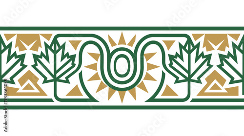 Elegant horizontal repeating border pattern featuring Canadian maple leaves, a stylized sun, and modern geometric shapes rendered in classic green and gold colors
