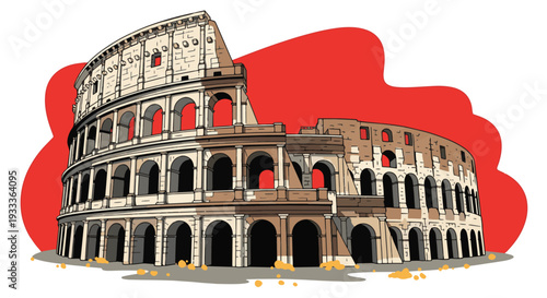 Vibrant Colosseum illustration with red abstract background