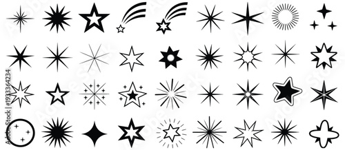 Black Star Shapes Vector Collection, Unique Star Designs for Logos, Badges, and Emblems, Including Classic, Shooting, and Glowing Stars, Perfect Icon Set for Patterns, Celestial Themes, and Night Sky