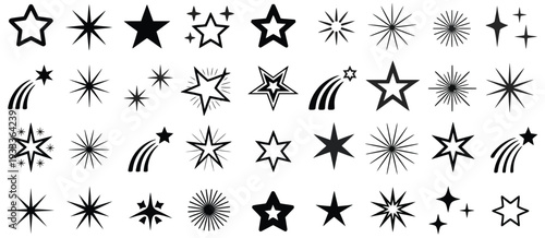 Black Star Shapes Vector Collection, Unique Star Designs for Logos, Badges, and Emblems, Including Classic, Shooting, and Glowing Stars, Perfect Icon Set for Patterns, Celestial Themes, and Night Sky