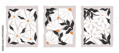 Daisy flowers in linocut printmaking style.Scandinavian folk botanical vector poster set.Bold groovy wildflowers for prints,banners,wall art decor,branding,packaging and patterns.