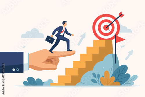 Businessman climbing stairs to reach target goal with help of giant hand support. Concept of professional mentorship, career growth, leadership coaching, and business cooperation achievement.