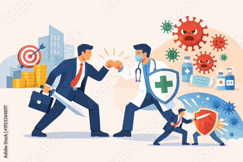 Businessman and doctor fist bumping to fight against COVID-19 coronavirus disease, healthcare and safety concept, medical professional and business leader partnership for economic protection.