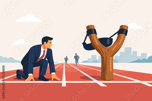 Businessman at Starting Line with Giant Slingshot for Unfair Advantage in Race, Concept of Business Competition, Innovation, and Strategic Growth to Outperform Competitors on Running Track