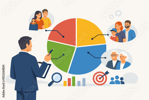 Businessman Analyzing Customer Segmentation with Pie Chart for Marketing Strategy, Targeting Different Demographic Groups like Families and Seniors for Consumer Research and Audience Profiling.