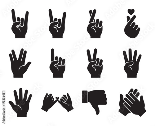 Hand gesture expression icon set for nonverbal communication applications social interaction signal and digital interface design illustrating approval emotion and counting gesture resource collection