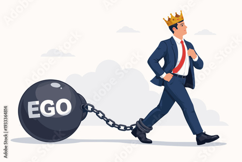 Businessman in Suit Wearing Golden Crown Walking with Heavy Iron Ball and Chain Labeled Ego Attached to His Ankle, Representing Narcissism, Self-Importance, Pride, and Psychological Burden Concept