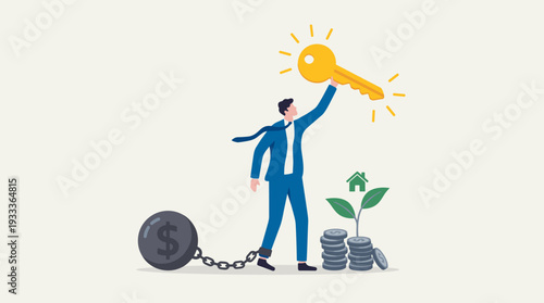 Debt Free Concept with Businessman Holding Golden Key to Unlock Financial Freedom from Heavy Loan Burden, Mortgage Solution, Savings Growth, and Investment Success for Future Prosperity.