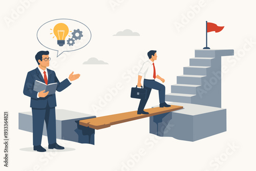 Expert business coach or mentor providing guidance and solutions to a professional businessman crossing a bridge over a gap to reach a goal and success, career growth and leadership concept.