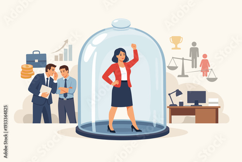 Gender inequality in employment concept with a professional woman trapped under a glass bell jar representing the glass ceiling. Male colleagues whispering outside, symbols of sexism and bias.