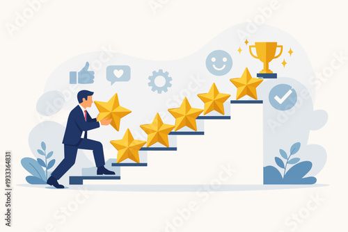 Professional businessman building a staircase with five gold stars to reach a trophy, symbolizing customer satisfaction, high ratings, feedback, achievement, success, and quality service.