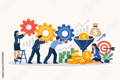 Business Team Connecting Gears for Financial Management and Economic Growth Concept with Revenue Funnel Generating Money Coins Success Strategy Investment and Corporate Productivity Vector.