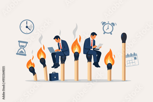 Businessmen sitting on burning matches as a symbol of approaching deadlines, work stress, and professional burnout. Concept of time management, urgency, and pressure in a corporate environment.