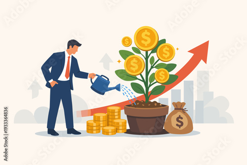 Professional businessman watering a money tree with gold dollar coins, representing financial investment growth, wealth management, capital accumulation, profit increase, and business success.