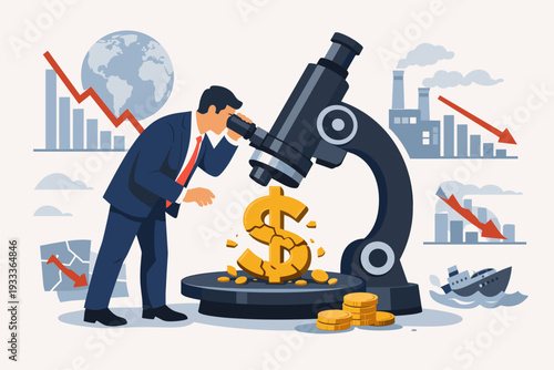 Businessman Analyzing Cracked Dollar Sign Through Microscope, Global Financial Crisis and Economic Recession Concept with Declining Market Charts, Industry, and International Trade Logistics