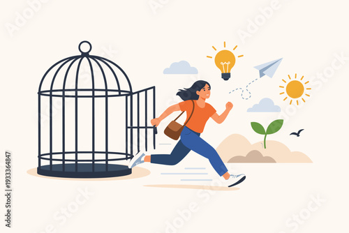 Freedom and New Life Opportunities Concept with a Happy Woman Running Out of an Open Birdcage, Feeling Confident and Full of Energy, Symbolizing Liberation, Personal Growth, and Creative Inspiration.