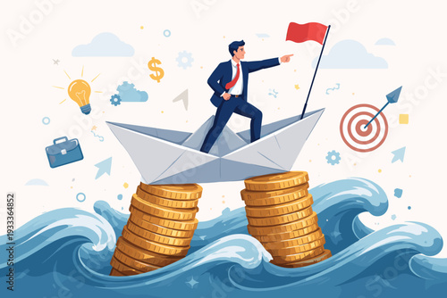Businessman Leader Standing on Paper Boat Balanced on Stacks of Gold Coins in Stormy Sea Waves, Navigating Financial Risk and Business Challenges with Vision, Strategy, and Leadership Concept Art