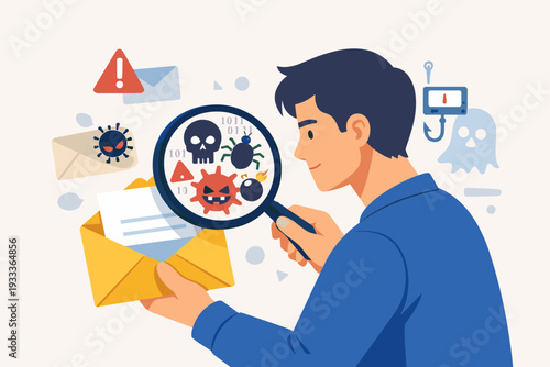 Man Inspecting Email Letter with Magnifying Glass Revealing Hidden Malware, Virus, and Phishing Threats; Cybersecurity Concept of Spam Detection, Digital Safety, and Online Fraud Prevention Vector