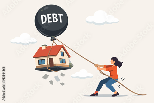 Woman Pulling Rope to Save House from Floating Away with Large Debt Balloon, Concept of Mortgage Loan Repayment Struggle, Financial Burden, Real Estate Foreclosure, and Economic Crisis Stress.
