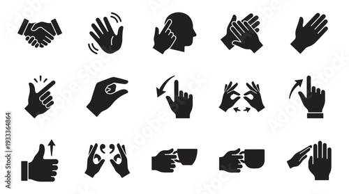 Hand gesture and social interaction icon set for nonverbal communication applications celebration expression workflow and digital interface design illustrating greeting approval resource collection