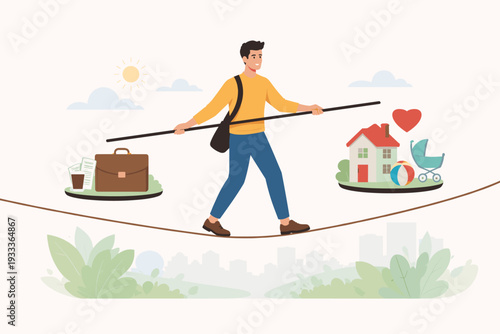 Man Walking on a Tightrope Balancing Work and Life Concept Vector Illustration. Professional Male Juggling Career Responsibilities with Family Home and Personal Life for Harmony and Success.