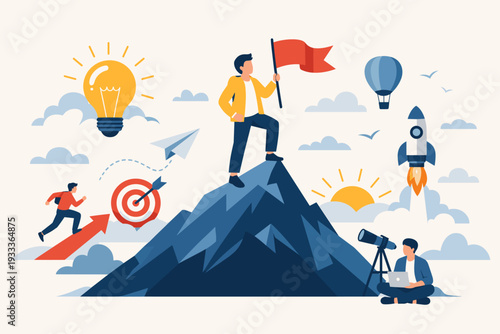 Business Motivation and Inspiration Concept Vector Illustration with a Successful Man Standing on a Mountain Peak Holding a Flag, Rocket Launch, Target Goal, Creative Idea Lightbulb, and Vision.