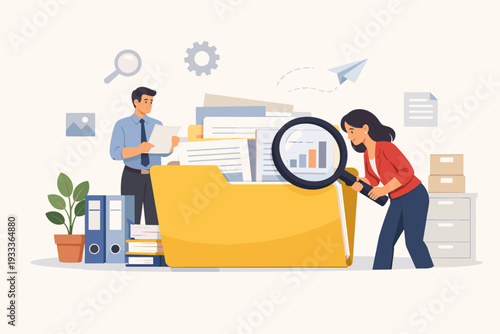 Office Employees Searching for Files in Giant Yellow Folder. Woman Using Magnifying Glass to Analyze Data Charts and Reports. Business Document Management, Research, and Organization Concept Vector.