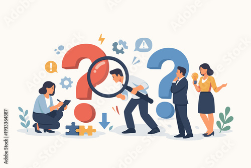 Business team analyzing problems with a magnifying glass and large question marks. Professional people searching for solutions, brainstorming ideas, and solving complex business puzzles.