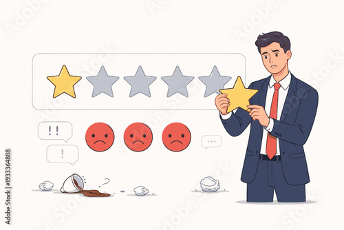 Businessman looking worried at a one star rating and negative feedback icons, bad customer review and online reputation management concept, poor quality service and customer dissatisfaction.