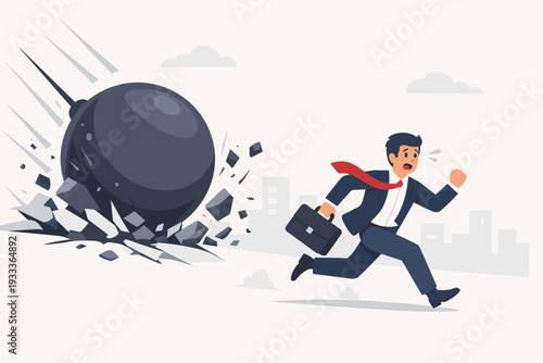Businessman in suit running away from a giant wrecking ball smashing the ground, concept of risk management, avoiding financial crisis, market crash, business failure, and fear of uncertainty.