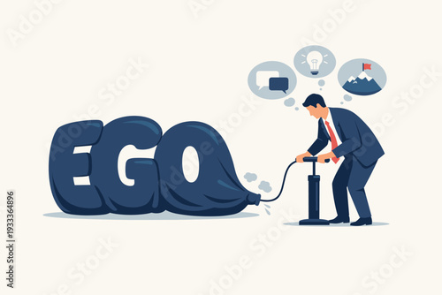 Businessman Deflating Large Balloon Word EGO with Hand Pump, Concept for Humility, Emotional Intelligence, Personal Growth, Leadership, and Being Open to Feedback and New Ideas in Business.