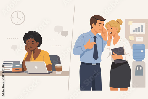 Workplace Discrimination and Racism Concept with Sad Black Woman at Desk while White Colleagues Whisper and Gossip Behind Her Back, Toxic Office Culture and Bullying Flat Vector Illustration