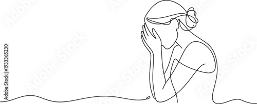 A woman covers her face with hands, expressing sorrow in a continuous line drawing.