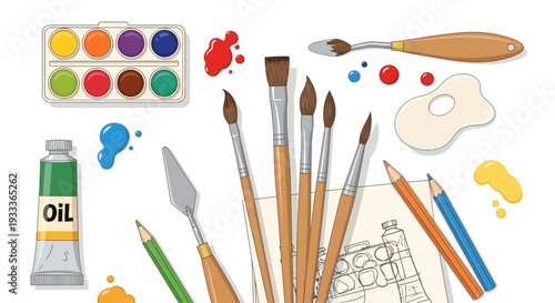 A collection of various art supplies: brushes, paints, pencils and a palette. It's a colorful composition for an artist's workspace.