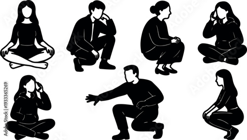 Flat design silhouette set of diverse seated and squatting people in contemplative and casual poses isolated vector icons black minimal
