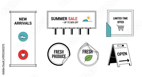A collection of shop advertisement signs and banners