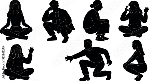 Flat design minimalist silhouettes set showing diverse seated and crouching people in casual poses including phone talking and meditation
