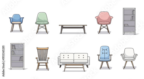 Various interior design furnishings arranged and displayed as illustrations.