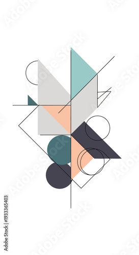 An abstract geometric design featuring various shapes and lines in pastel color palette. This design evokes modern artistry and visual interest