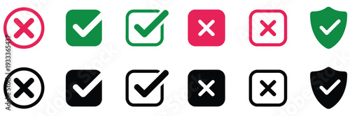 Check, box icon set with green tick and red cross buttons, right and wrong symbols, yes and no confirmation marks, user interface elements, clean modern flat vector