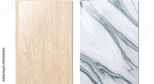 Wooden and marble texture tiles are next to each other, presenting a contrast in materials. One tile features light wood grains, while the other showcases a marble pattern with grey veins