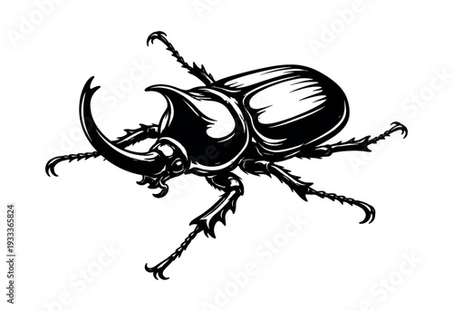 Rhinoceros beetle, a powerful insect with a distinctive horn on its head, black and white vector illustration for educational or design use, representing strength and nature